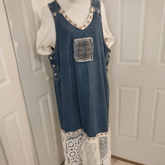 Handmade Dresses & Skirts - 3645 Size 1XL Upcycled Denim Jumper by Sunshine Apparel with Lace Trim.